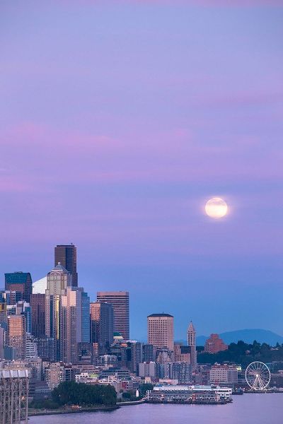 Downtown Seattle with a full moon rising in the evening sky-Seattle-Washington State